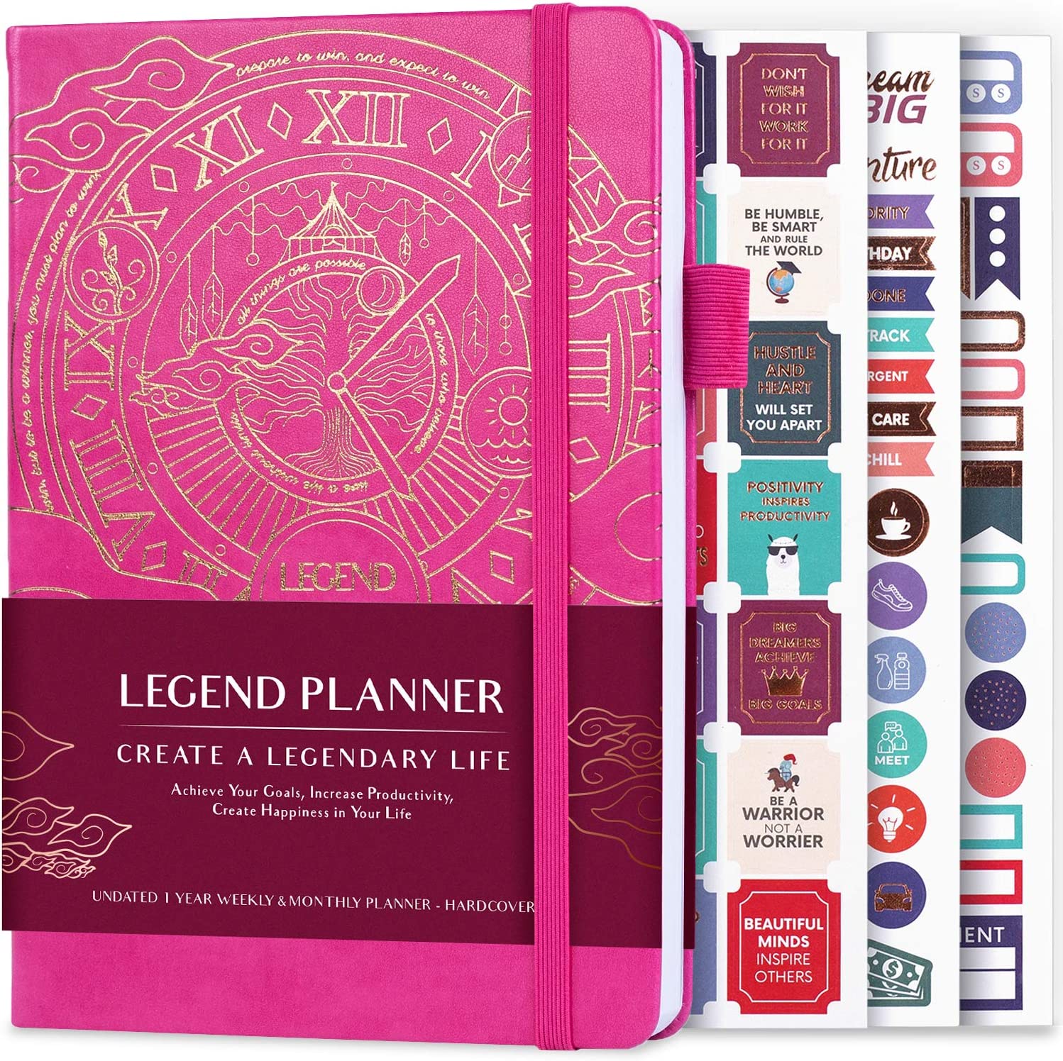Legend Planner – Deluxe Weekly & Monthly Life Planner to Hit Your Goals & Live Happier. Organizer Notebook & Productivity Journal. A5 Hardcover, Undated – Start Any Time + Stickers – Hot Pink Gold - Image 1